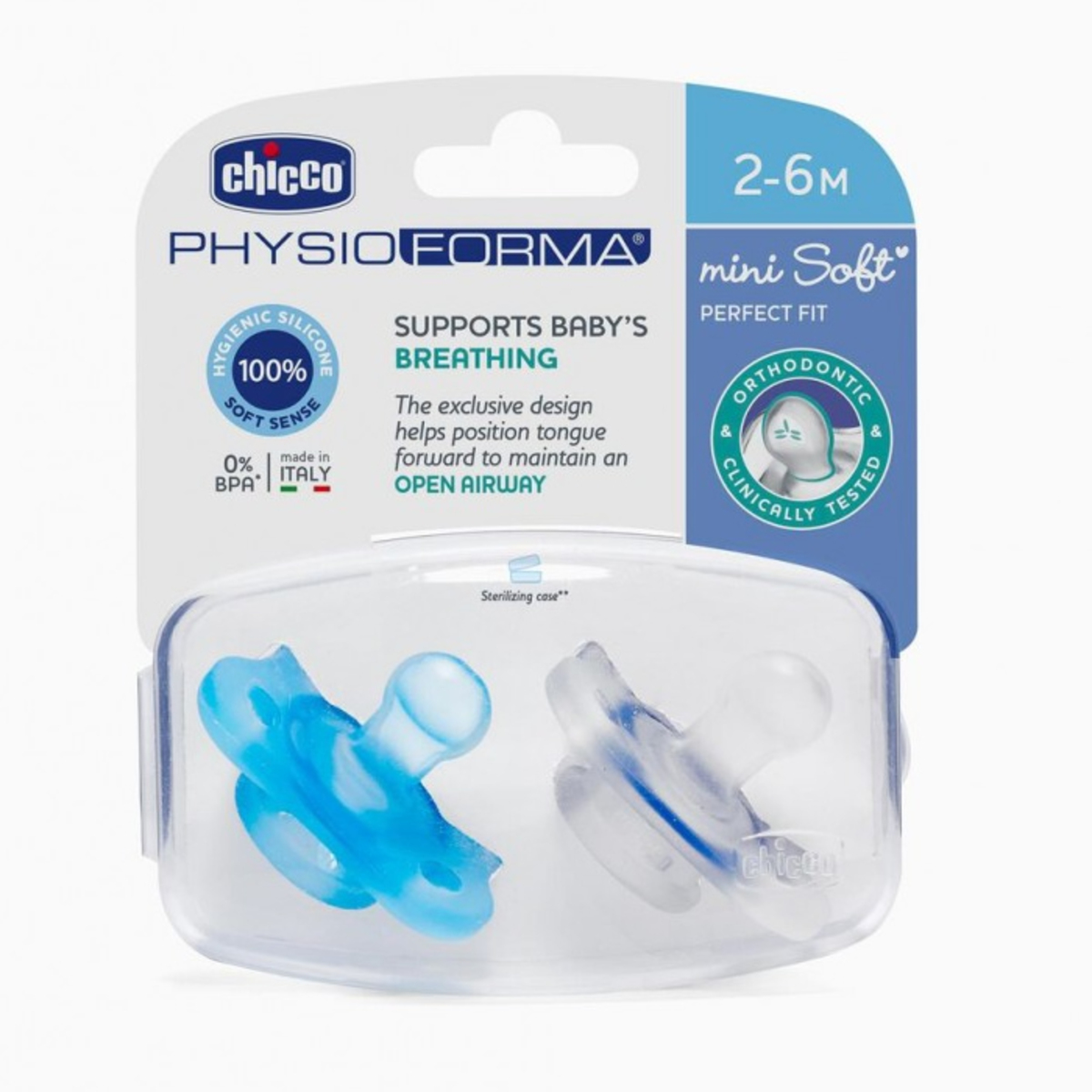 SET CHUPETE PHYSIOFORMA MINI SOFT 2-6M AZUL