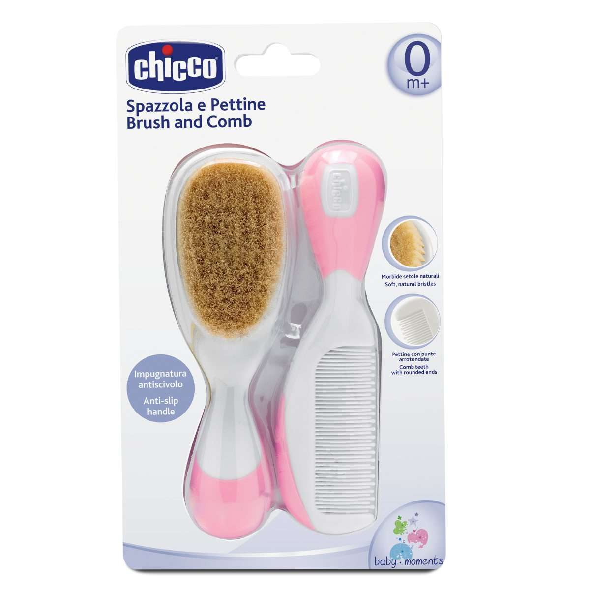 CEPILLO Y PEINE DE PELO NATURAL ROSA